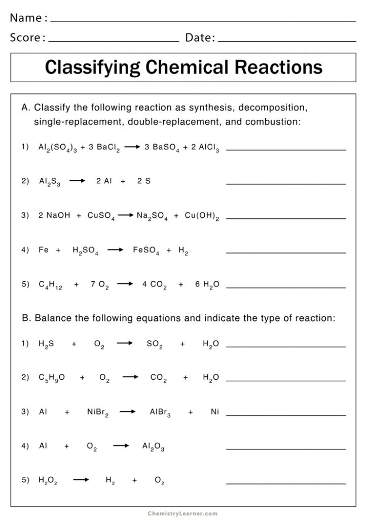 Types Of Chemical Reactions Worksheet Key