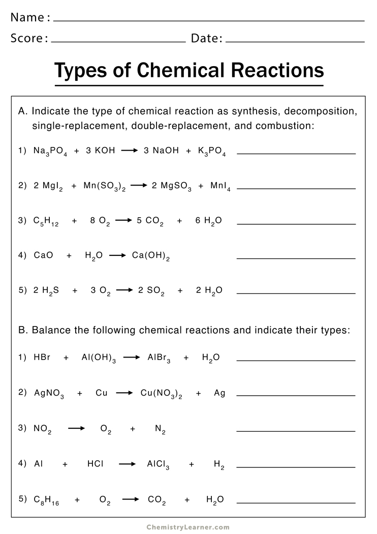 Types of Chemical Reactions Worksheets | Chemistry Learner
