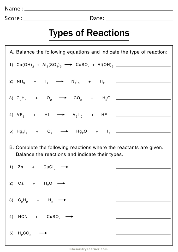 types of reaction worksheet answers