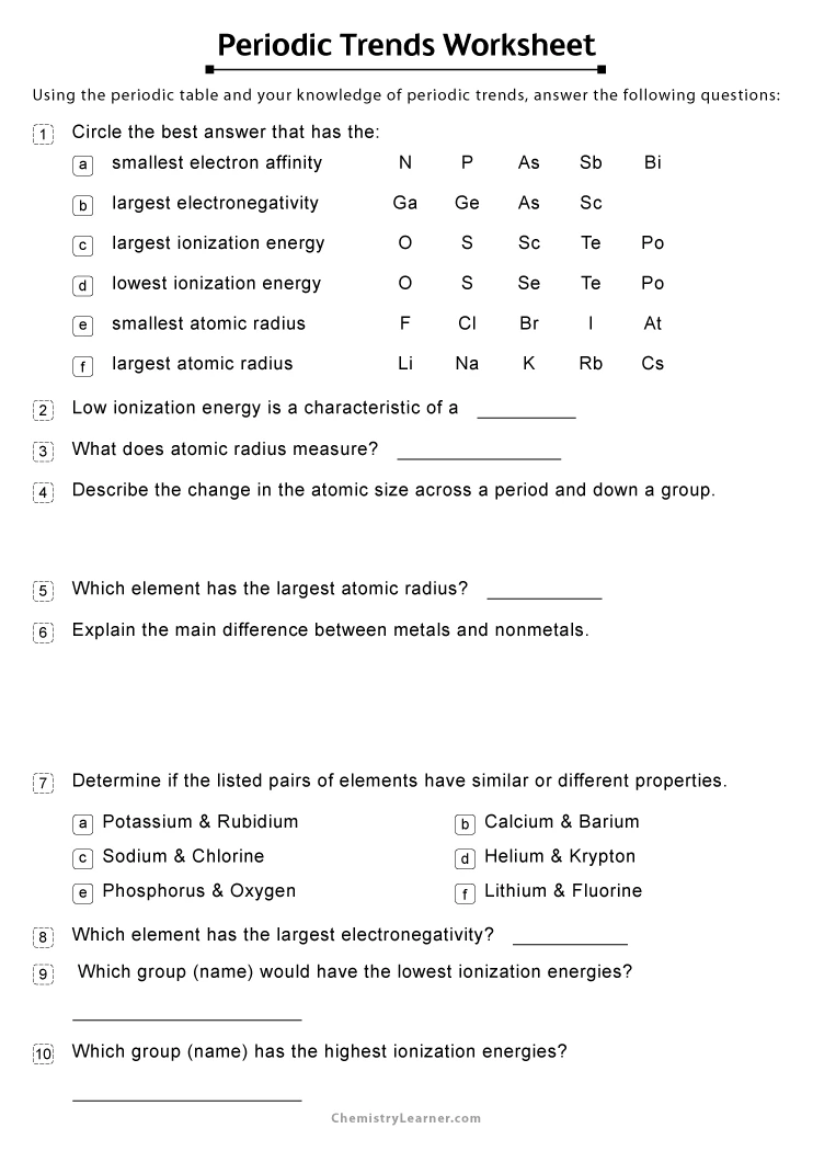 Free Printable Periodic Trends Worksheets
