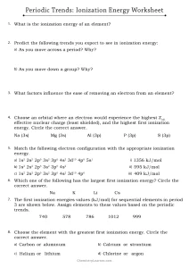 Periodic Trends Ionization Energy Worksheet with Answers
