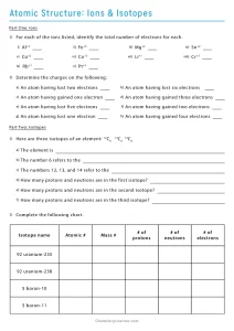 Atomic Structure Ions and Isotopes Practice Worksheet