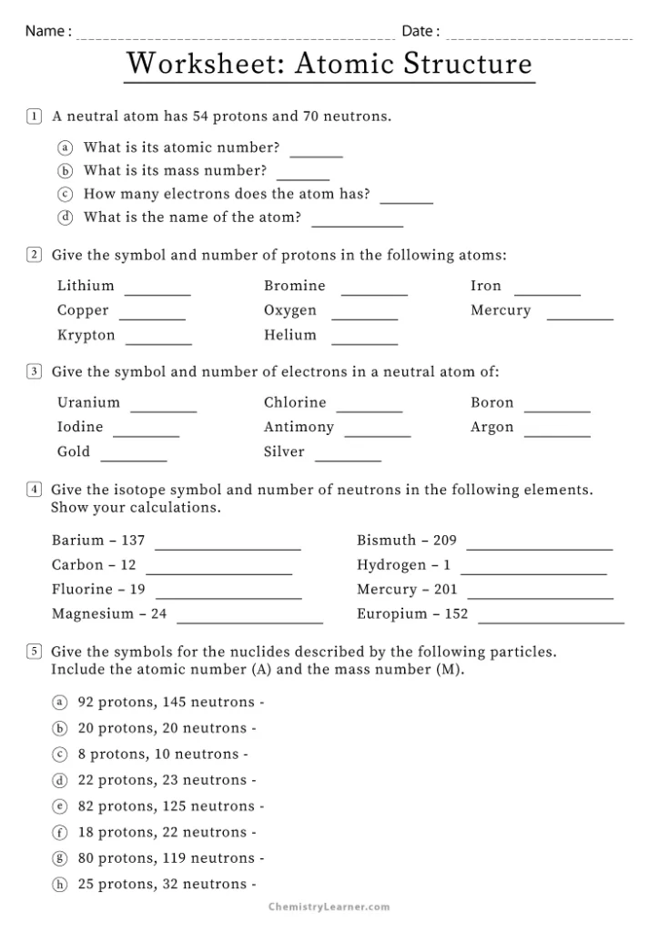 Atomic Structure Worksheet with Answer Key