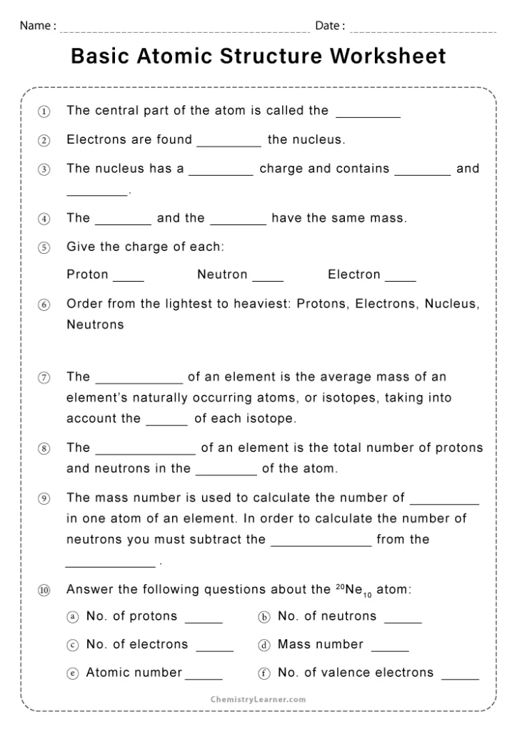 Atomic Structure Worksheet with Answers