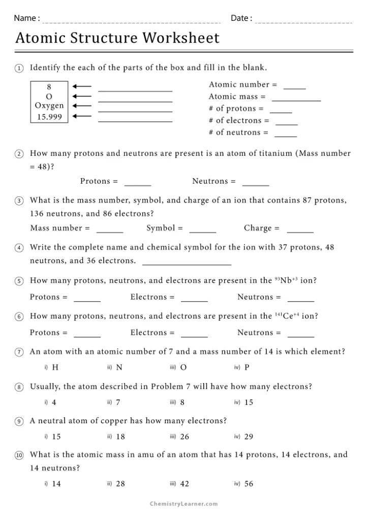 Atomic Structure Worksheet with Answers Key Physical Science