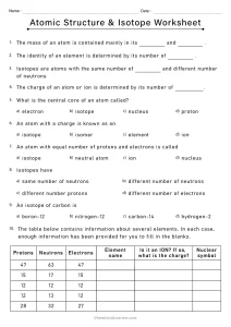 Atomic Structure and Isotopes Worksheet with Answers