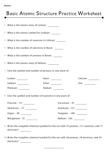 Basic Atomic Structure Worksheet with Answers