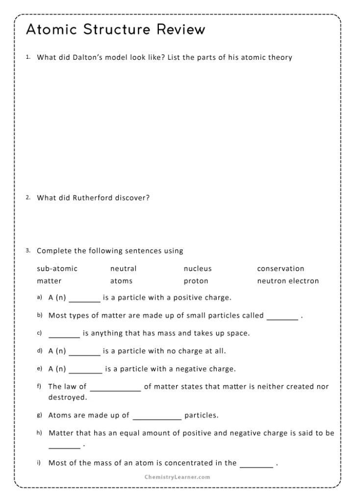 Matter and Atomic Structure Practice Problems Worksheet