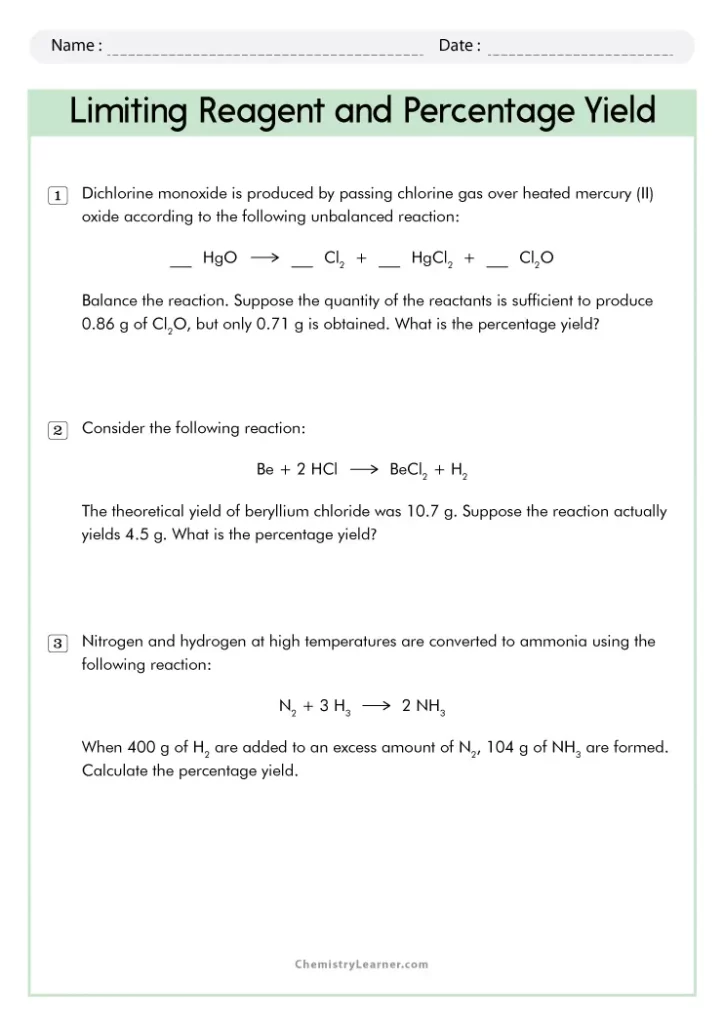 Limiting Reactant Excess Reactant and Percent Yield Worksheet