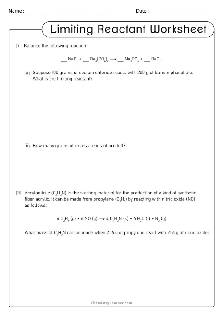 Limiting Reactant Practice Problems Worksheet with Answers