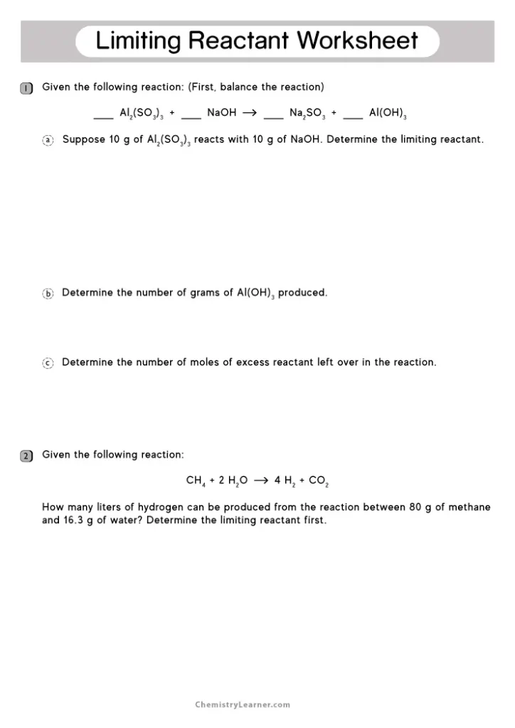 Limiting Reactant Worksheet