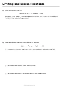 Limiting Reactant Worksheet with Answers