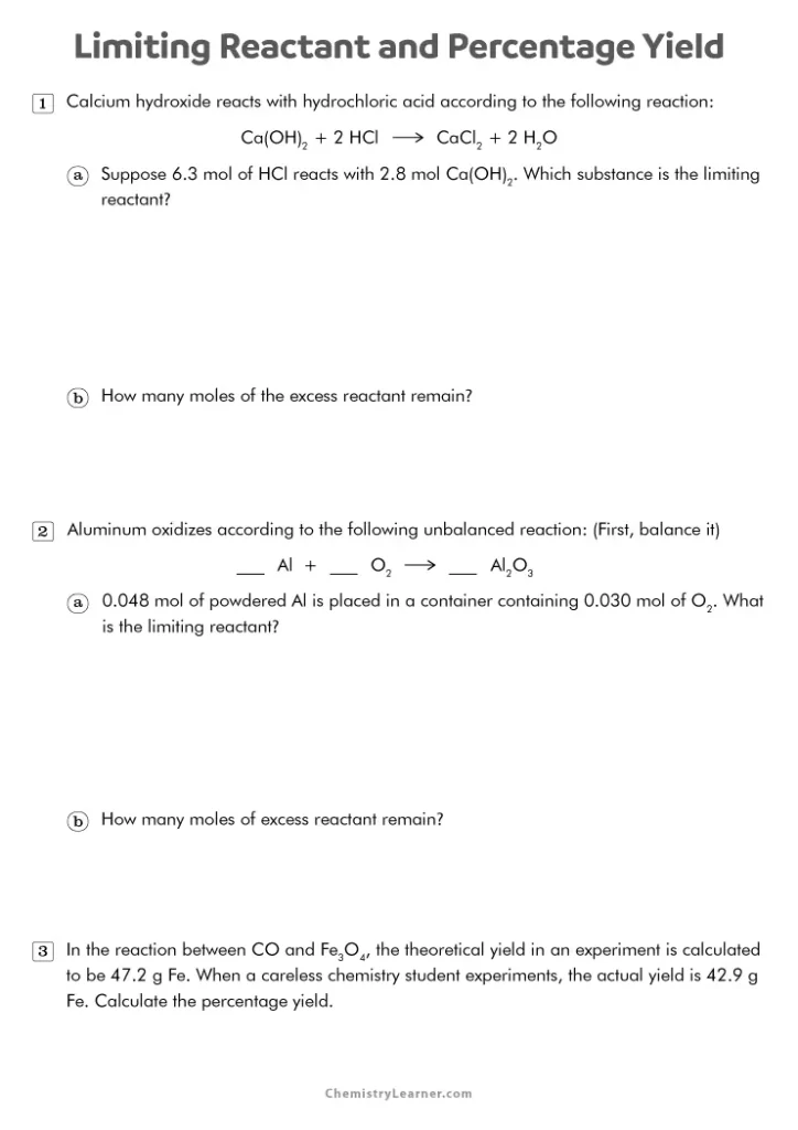 Limiting Reactant and Percent Yield Worksheet