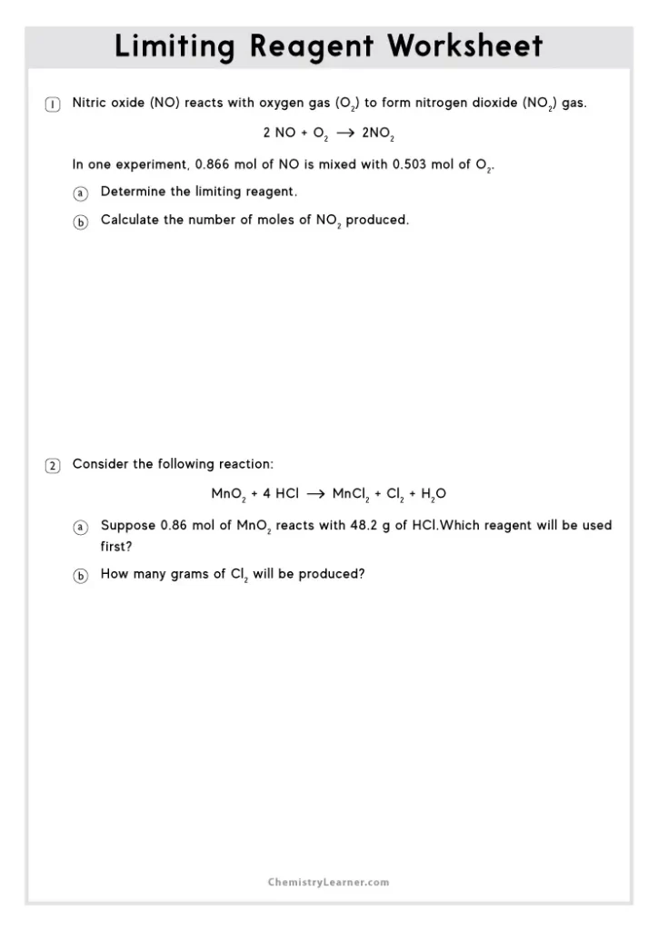 Limiting Reagent Practice Problems Worksheet with Answers