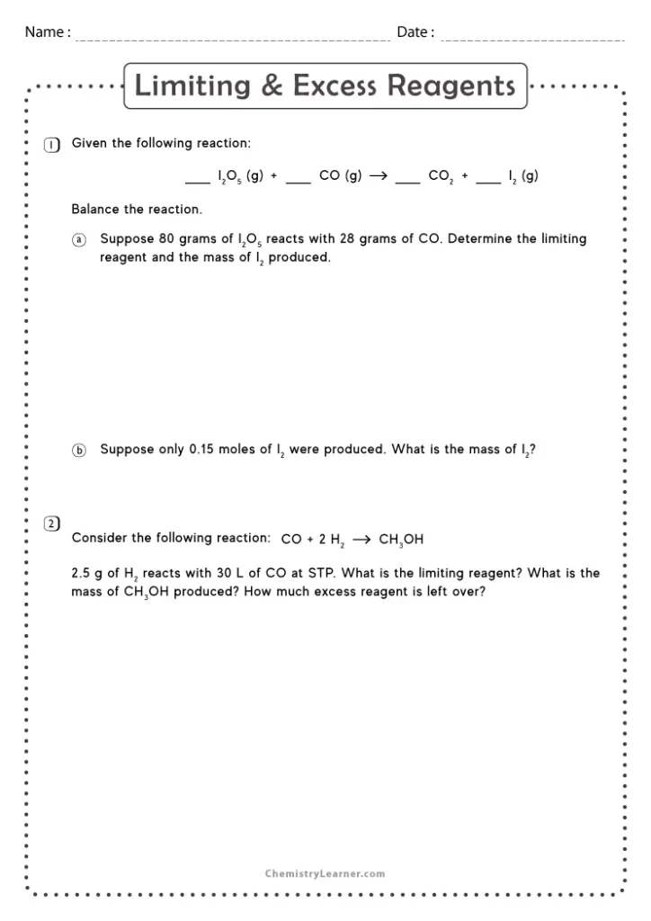 Limiting Reagent Worksheet with Answers