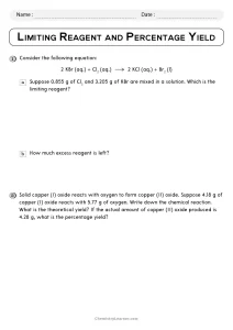Limiting Reagent and Percent Yield Worksheet with Answers