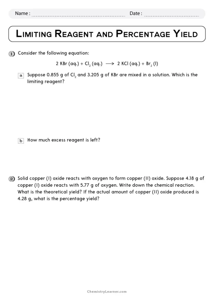 Limiting Reagent and Percent Yield Worksheet with Answers