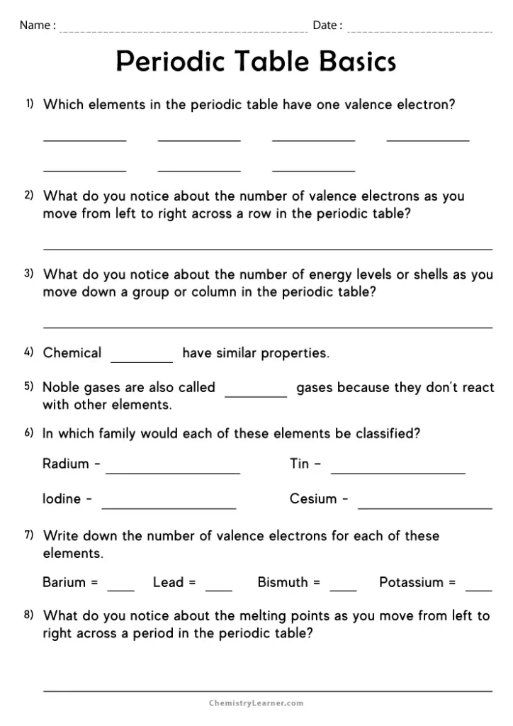 Periodic Table Basics Worksheet with Answers