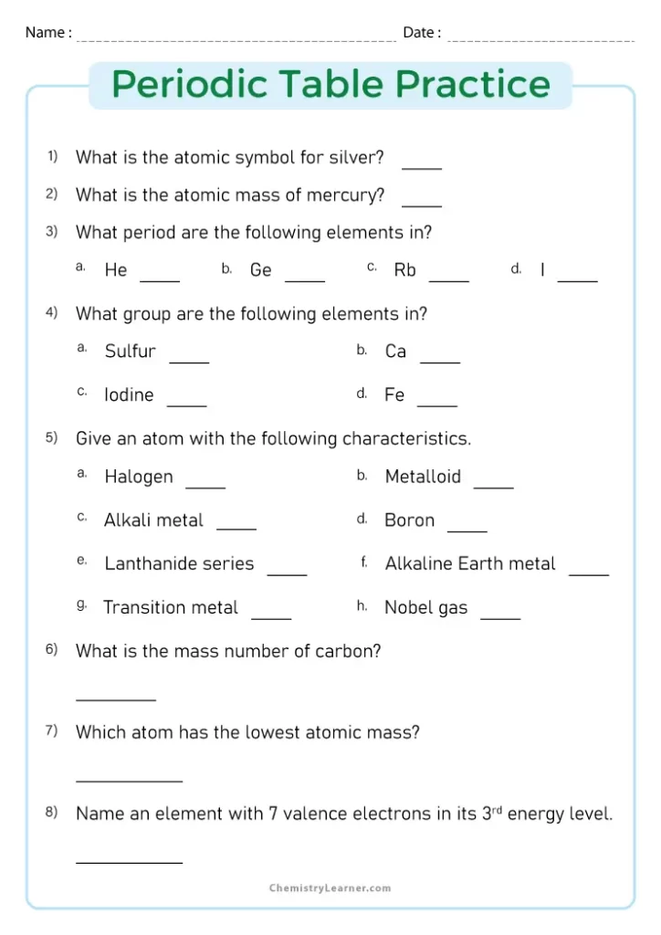 Periodic Table Practice Worksheet