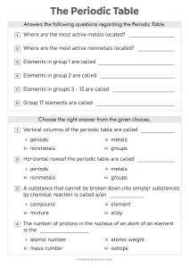 Periodic Table Questions Worksheet