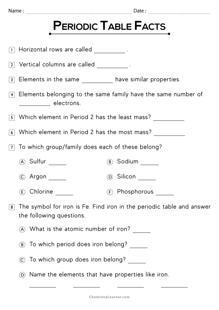 Periodic Table Worksheet with Answers