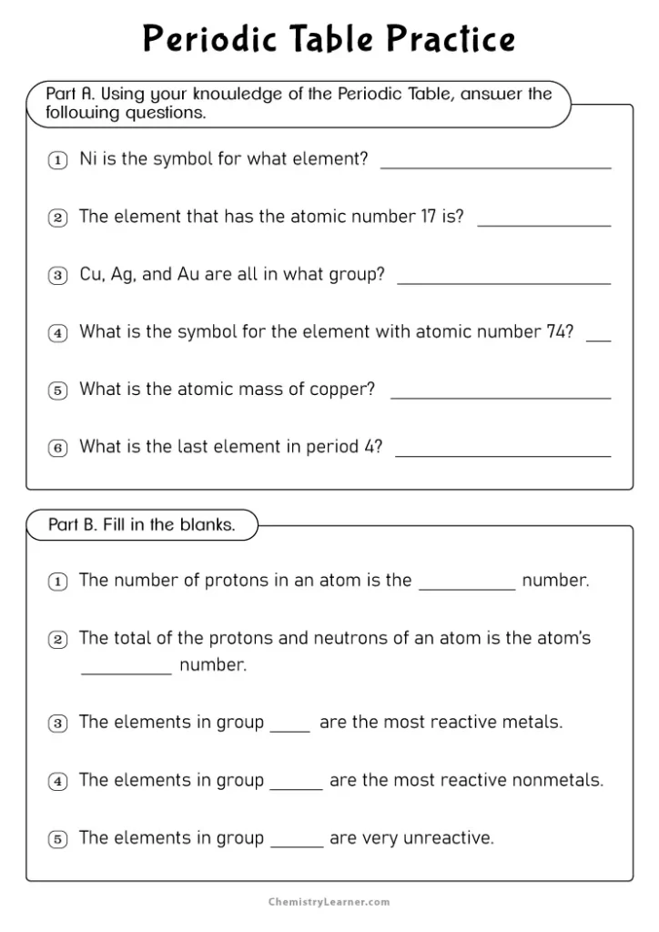 The Modern Periodic Table Review Worksheet with Answers