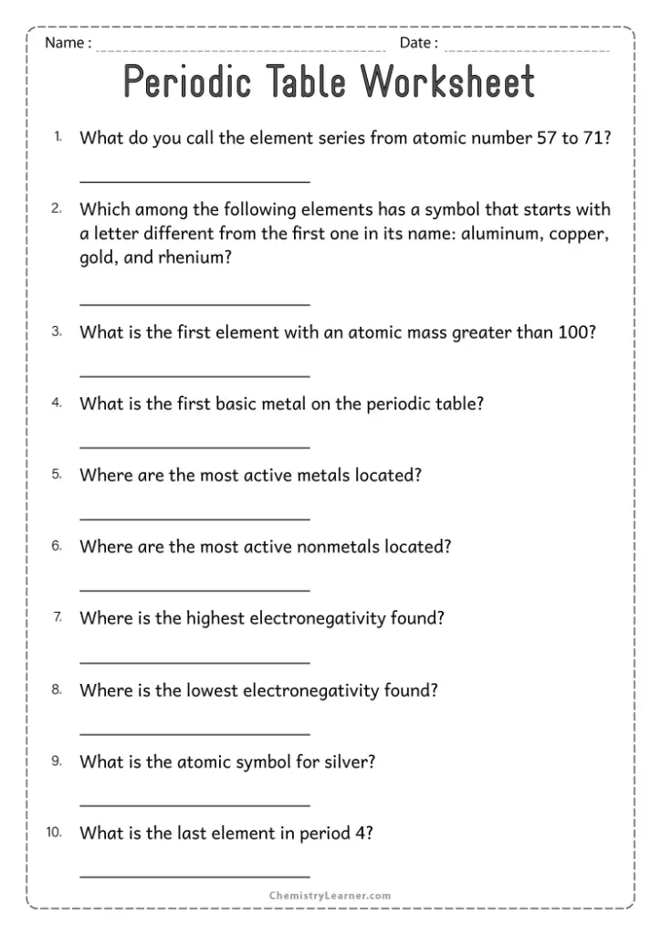 The Periodic Table Worksheet with Answer Key