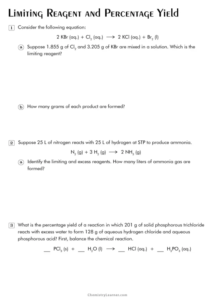 Theoretical Yield and Limiting Reagents Worksheet with Answers