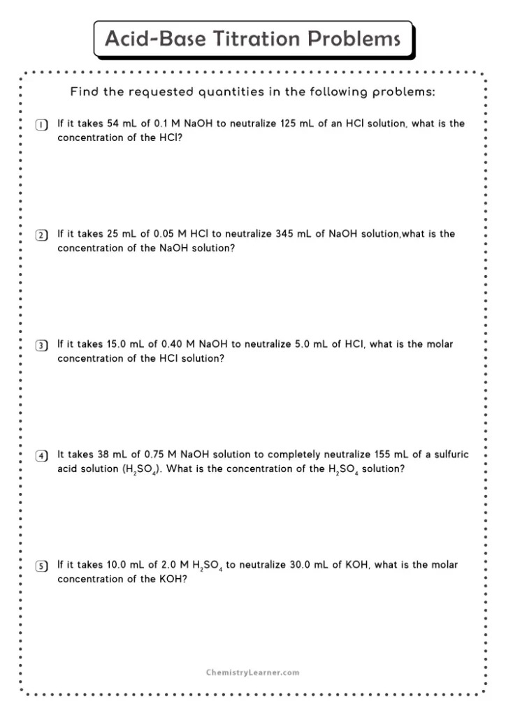 Acid Base Titration Problems Worksheet