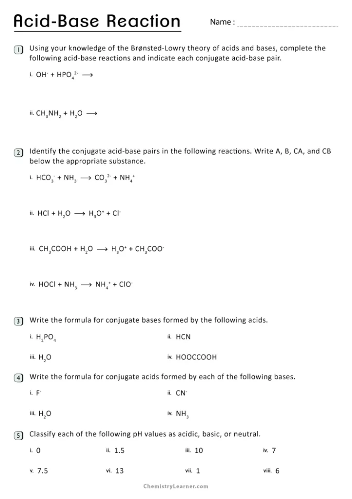Acid Base Worksheet with Answers
