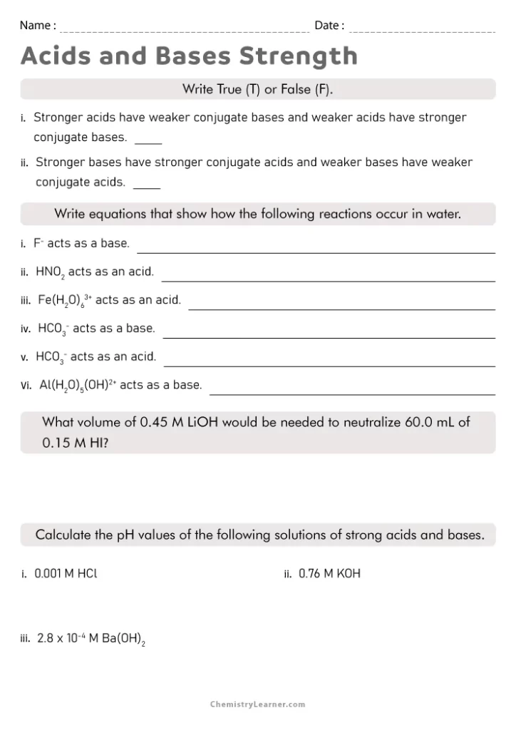 Acid and Base Strength Worksheet with Answers