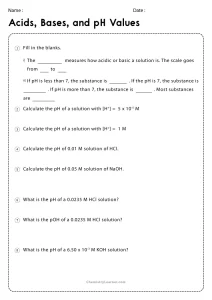 Acids Bases PH Worksheet with Answer Key