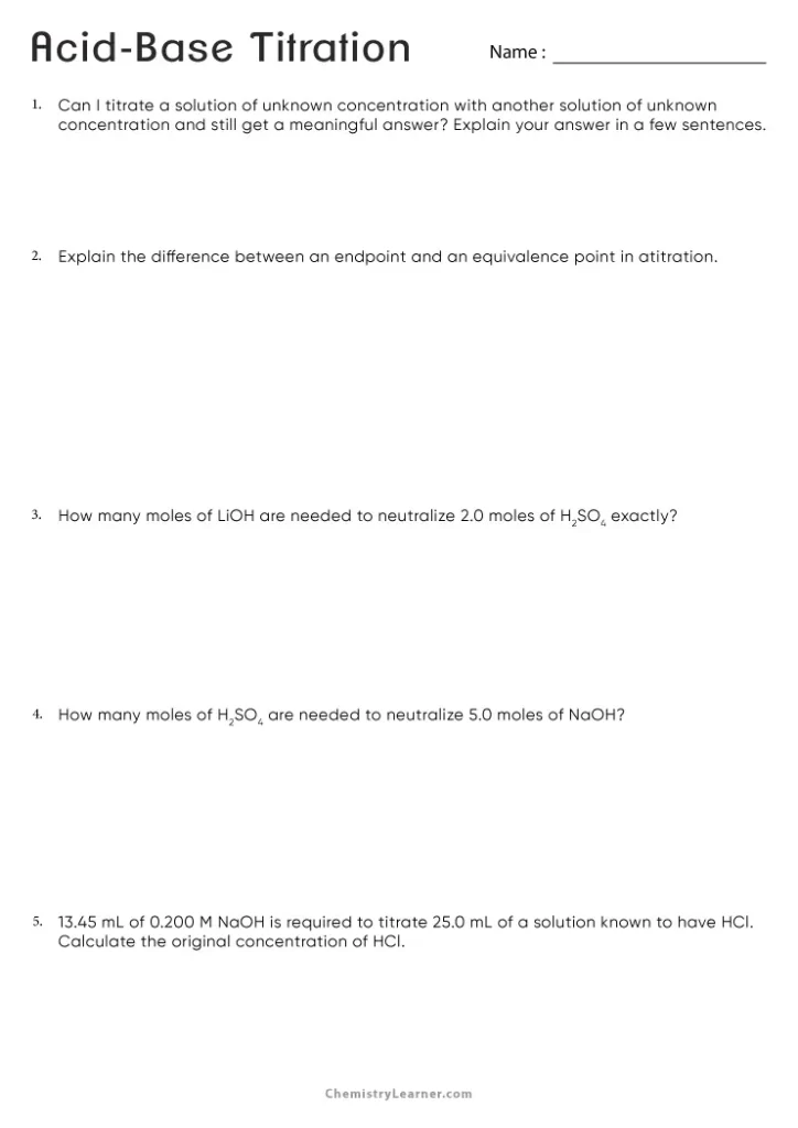 Acids and Bases Titration Worksheet