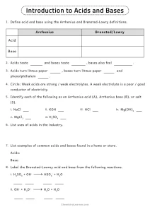 Acids and Bases Worksheet with Answer Key
