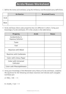 Acids and Bases Worksheet with Answers
