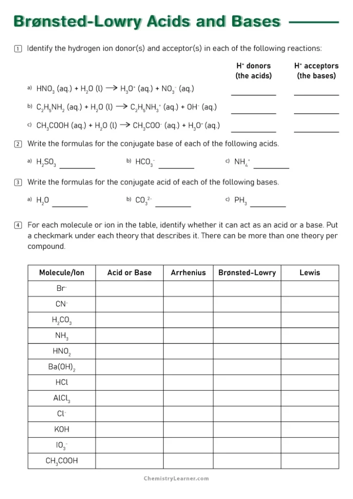 Bronsted Lowry Acids and Bases Worksheet