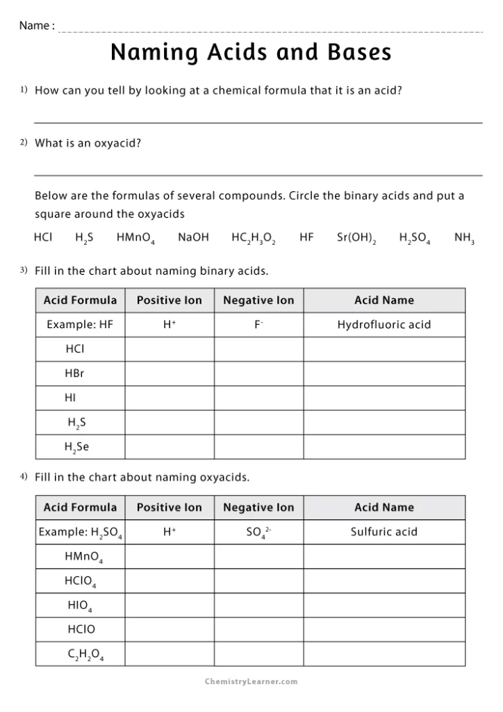 Chemistry Worksheet Naming Acids and Bases with Answers