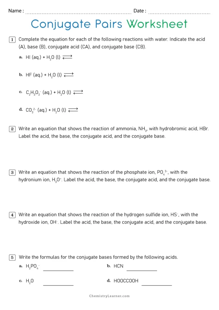 Conjugate Acid Base Pairs Worksheet with Answer Key