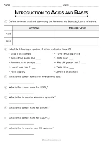Introduction to Acids and Bases Worksheet