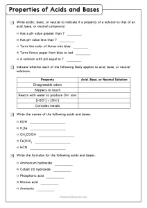 Properties of Acids and Bases Worksheet