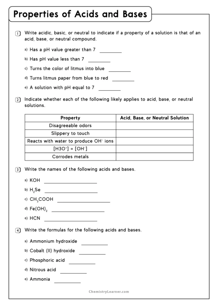 Properties of Acids and Bases Worksheet