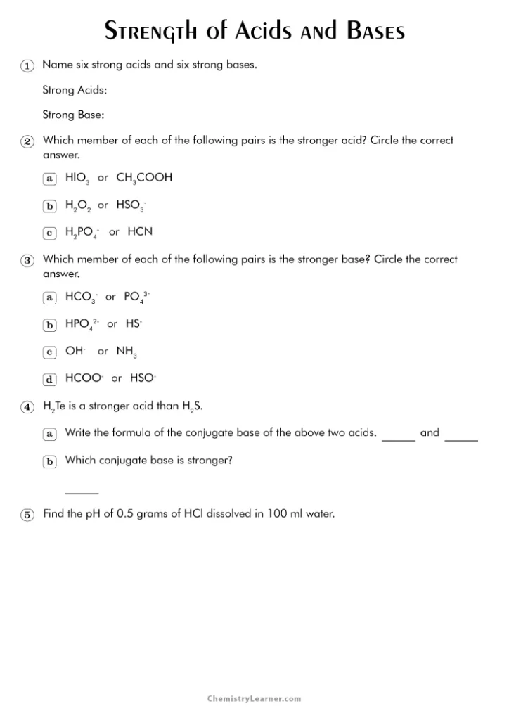 Strength of Acids and Bases Worksheet with Answers
