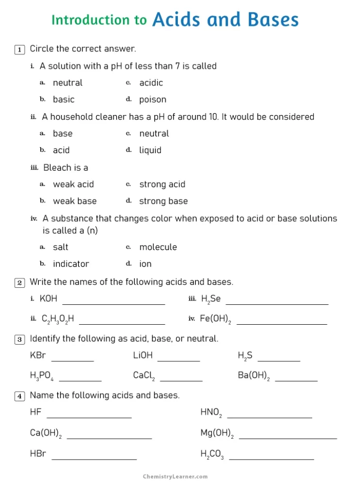 Testing Your Knowledge of Acids and Bases Worksheet