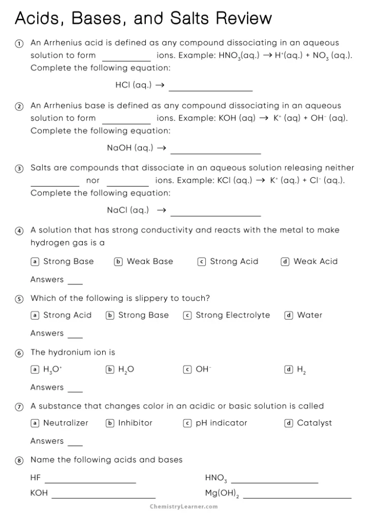 Worksheet Acids Bases and Salts Review with Answers