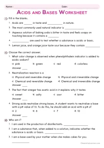 Worksheet on Acids and Bases for Grade 7