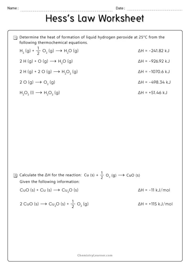 Hess_s Law Practice Problems Worksheet with Answer Key