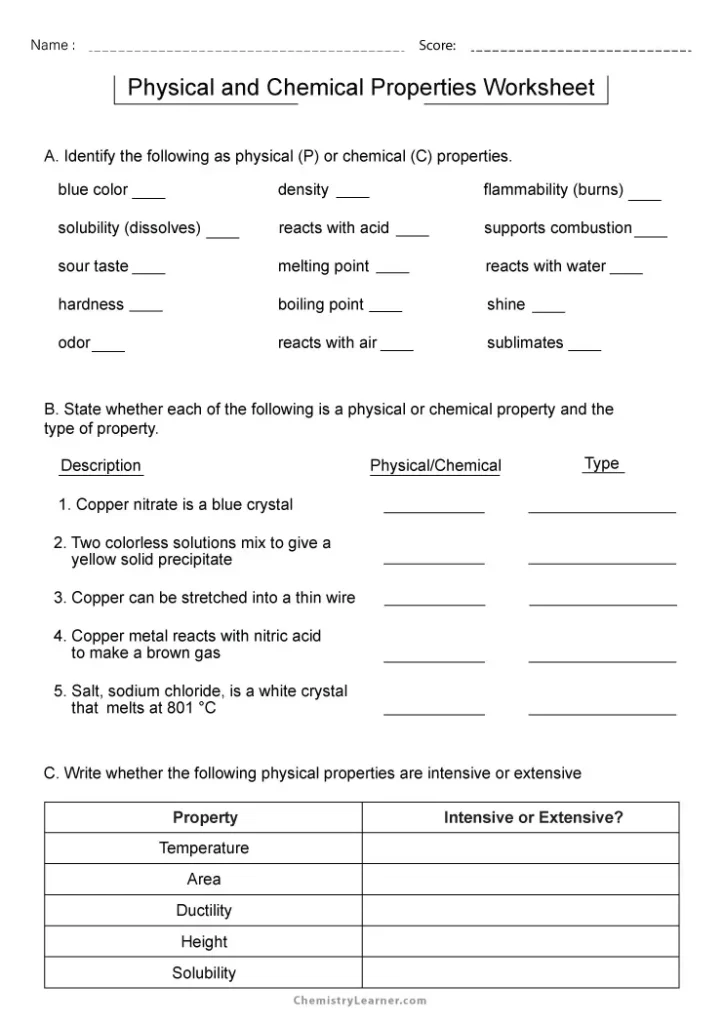 Chemistry Physical and Chemical Properties Worksheet