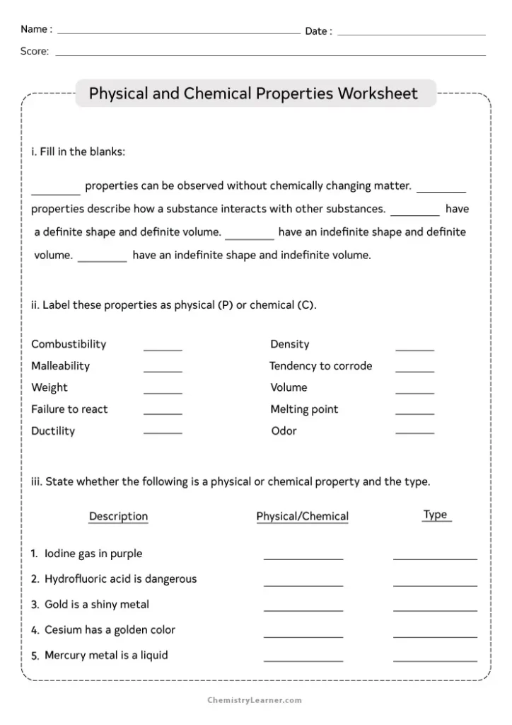 Physical Chemical Properties Worksheet