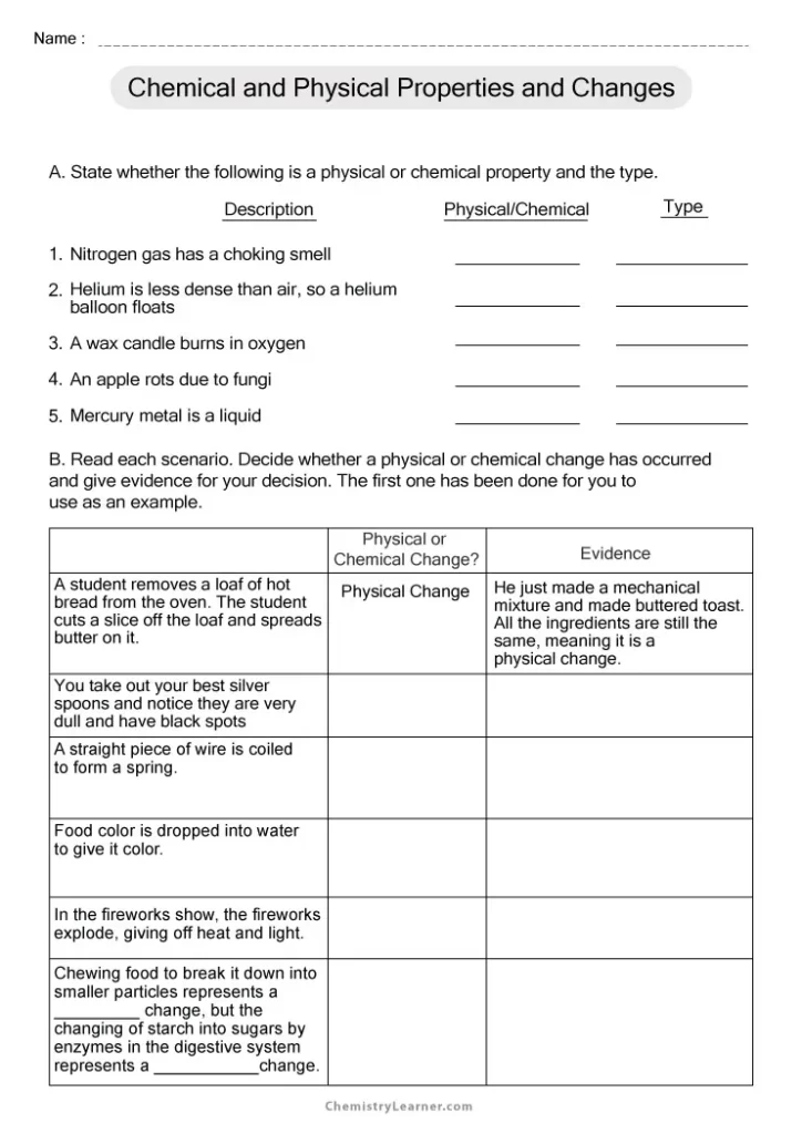 Physical and Chemical Changes and Properties of Matter Worksheet Key