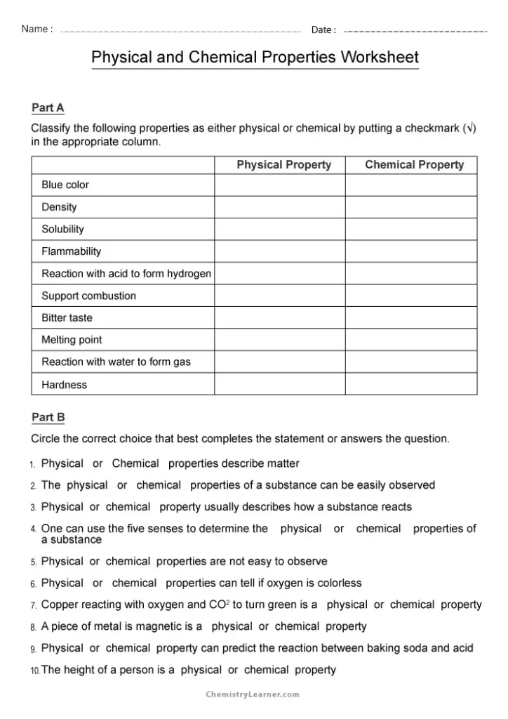 Physical and Chemical Properties Worksheet